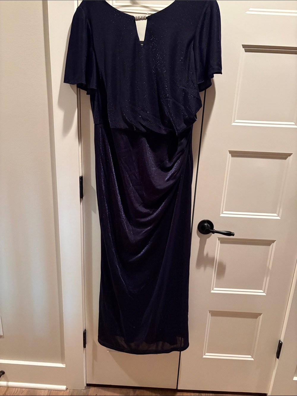 Oleg Cassini Navy Sparkle Maxi Dress with Draped Silhouette